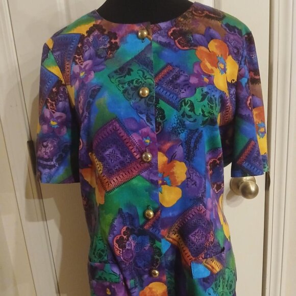 Vintage 80s Hawaiian floral 2-piece suit button-up top and pleated front skirt - Picture 1 of 6